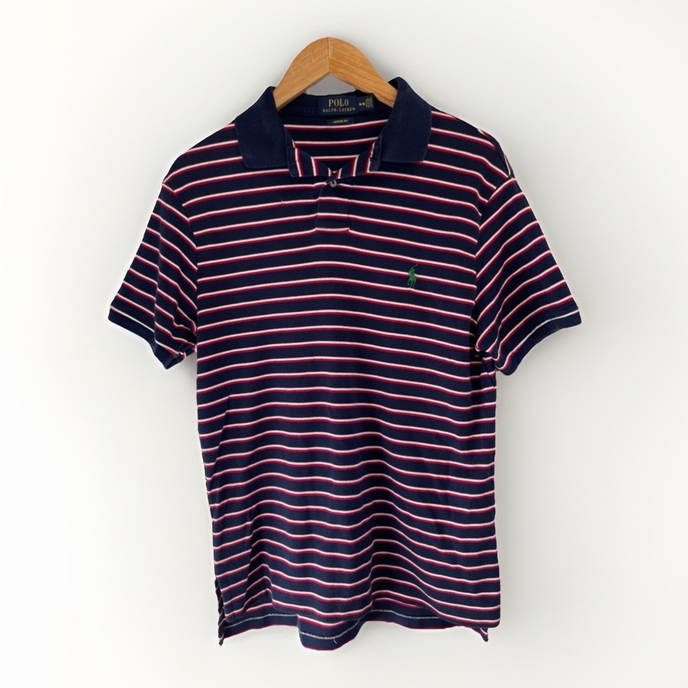 Polo Ralph Lauren Men's M Polo Shirt Navy Striped w/Pony Logo Interlock Custom